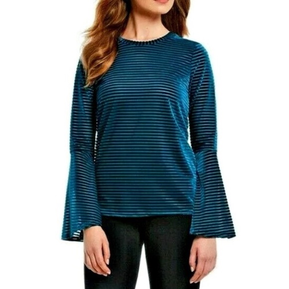 MICHAEL KORS Teal blue velvet striped bell sleeve top | X-Small * - Picture 1 of 10
